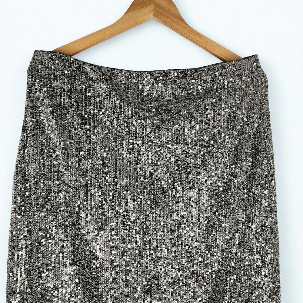 Adrianna Papell Silver Sequin Pencil Skirt Women’s Size Large Holiday Party Glam - Picture 3 of 6